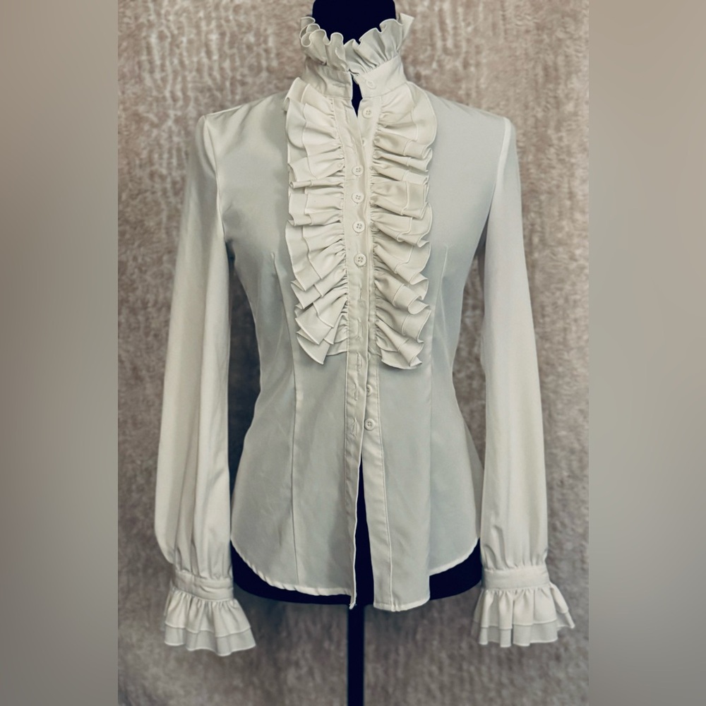 Victorian Blouse Retro Stand-Up Collar Lotus Ruffle Long Sleeve top, Runs small